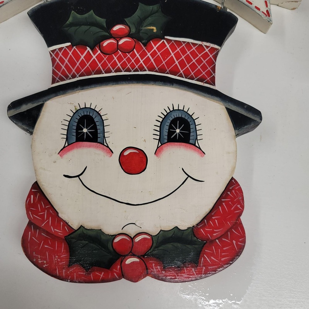 Vintage Hand Painted Wood Snowman Welcome Sign Christmas Holiday Decor